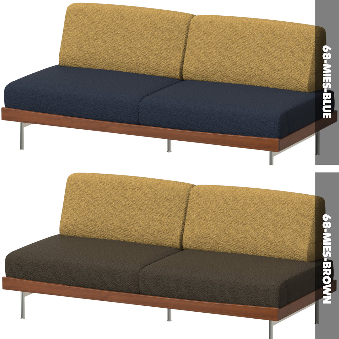 Two views of a two-seater sofa with different color options on a white background.
