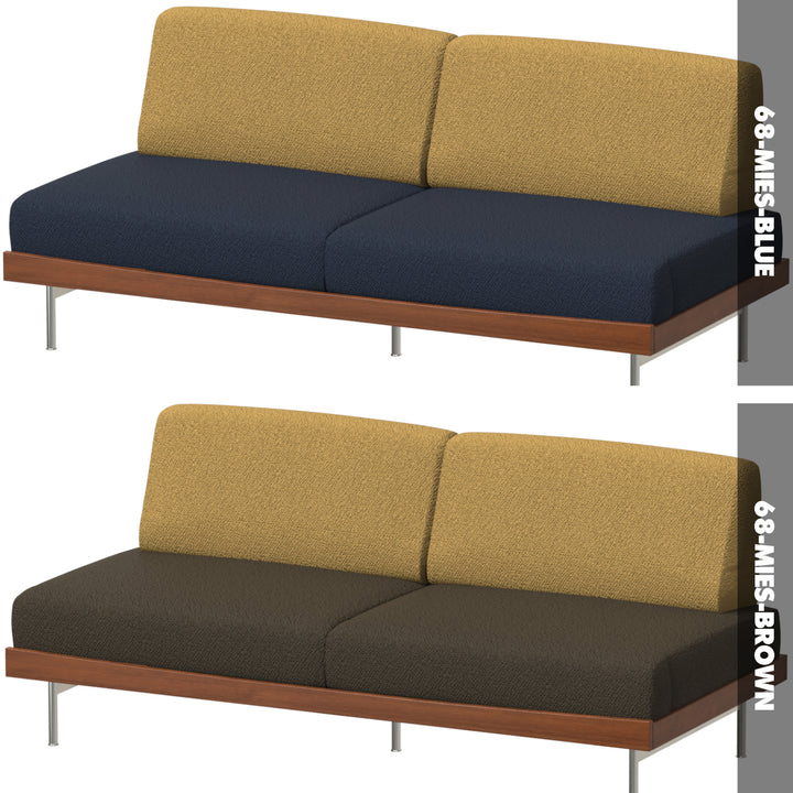 Two views of a two-seater sofa with different color options on a white background.