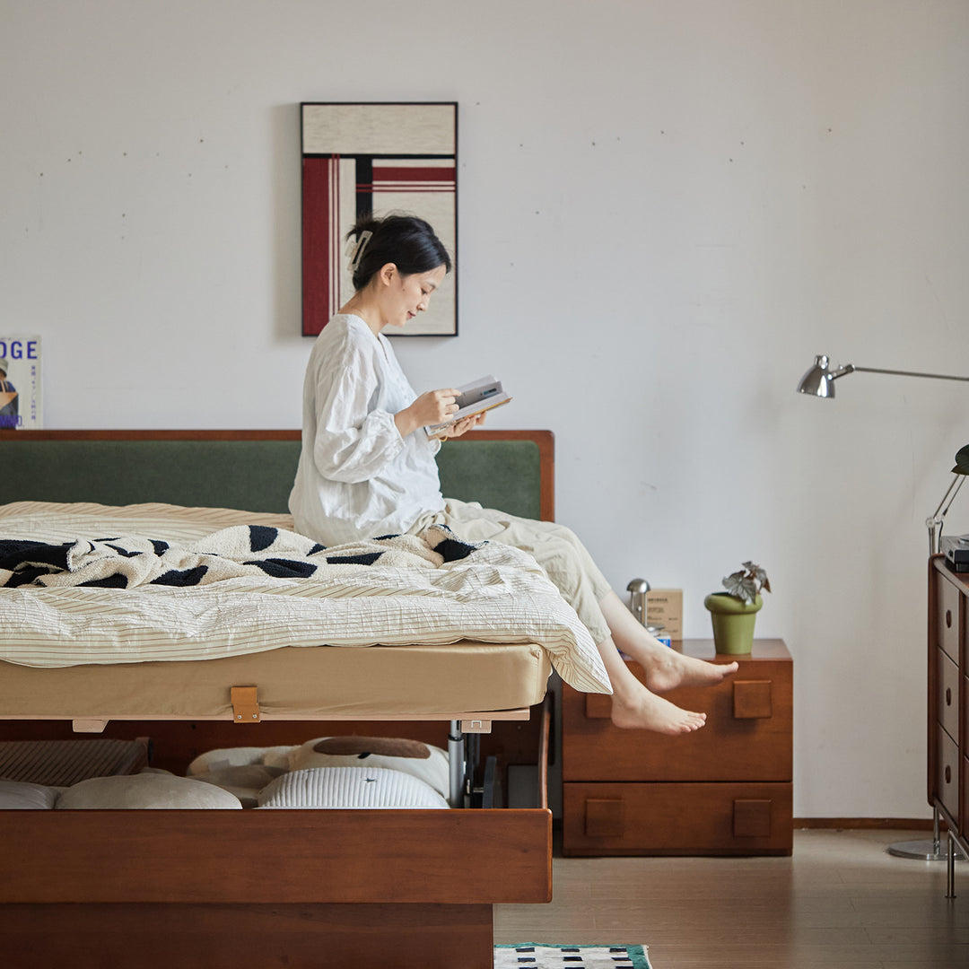 Vintage boxwood electric lift-up storage bed qisu in panoramic view.