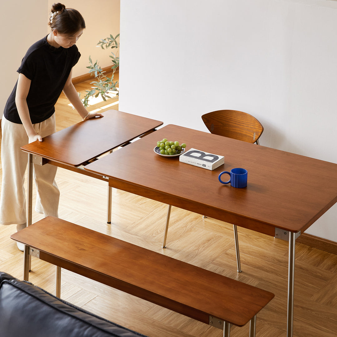 Vintage boxwood extendable dining table season in panoramic view.