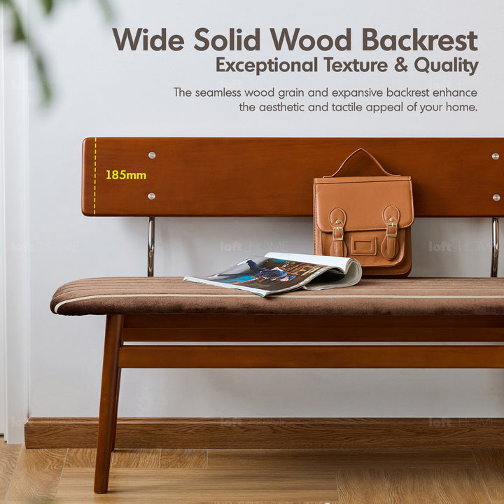 Vintage boxwood mix weave fabric cushion dining bench truffle in still life.