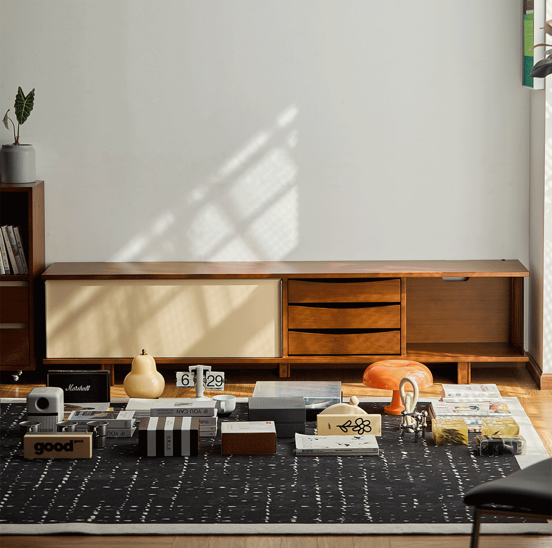 Vintage boxwood sliding door tv console mist conceptual design.