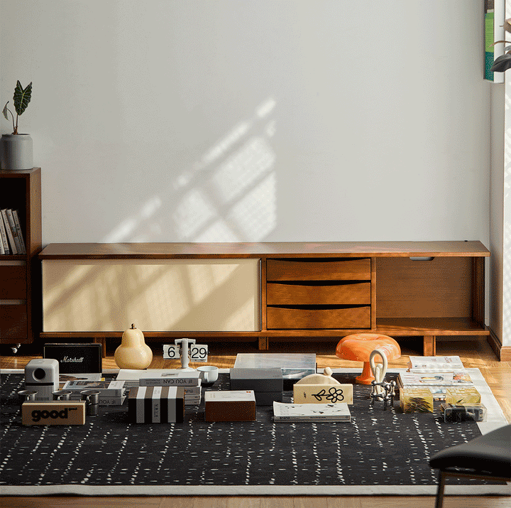 Vintage boxwood sliding door tv console mist conceptual design.