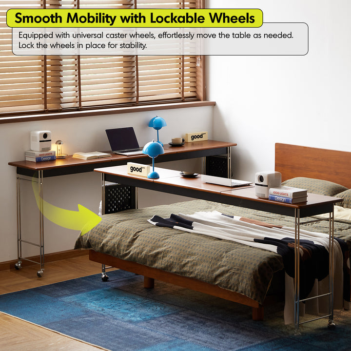 Vintage boxwood stainless steel mobile overbed table sereni in panoramic view.