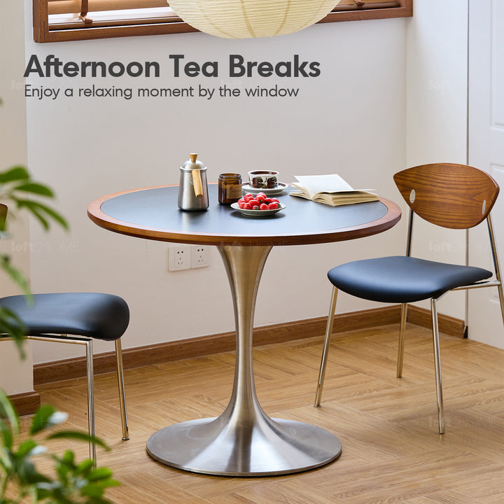 Vintage boxwood stainless steel round dining table tulip detail 11.