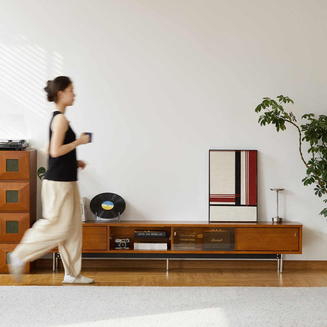 Vintage boxwood tv console bach in close up details.