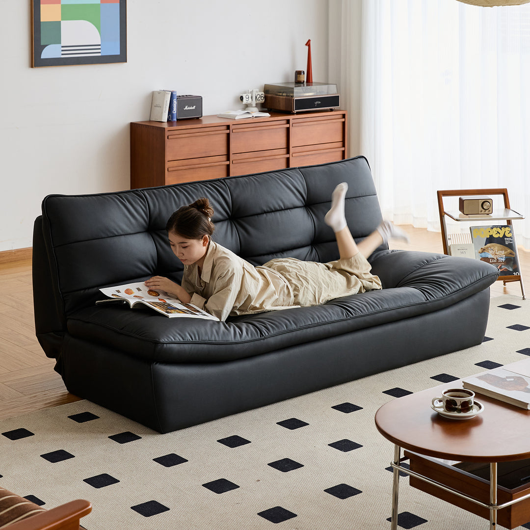 Vintage microfiber leather 3 seater sofa bed lie flat with context.