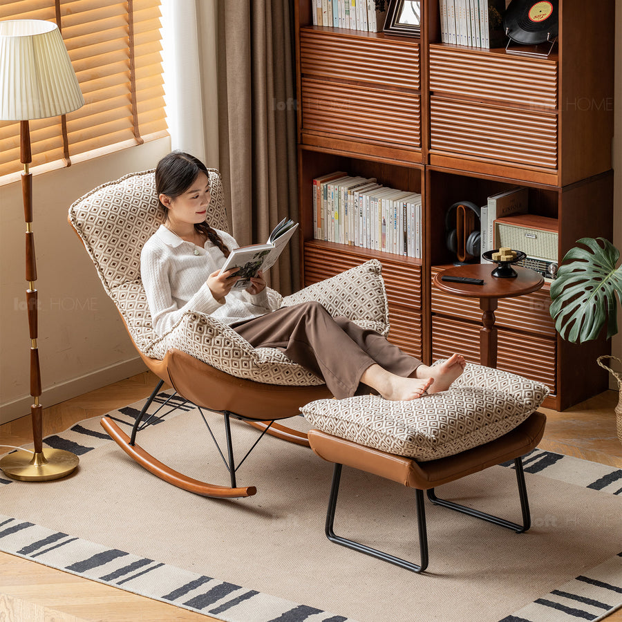 Vintage mixed weave fabric racking chair 1 seater sofa and ottoman 2pcs set eggshell in real life style.