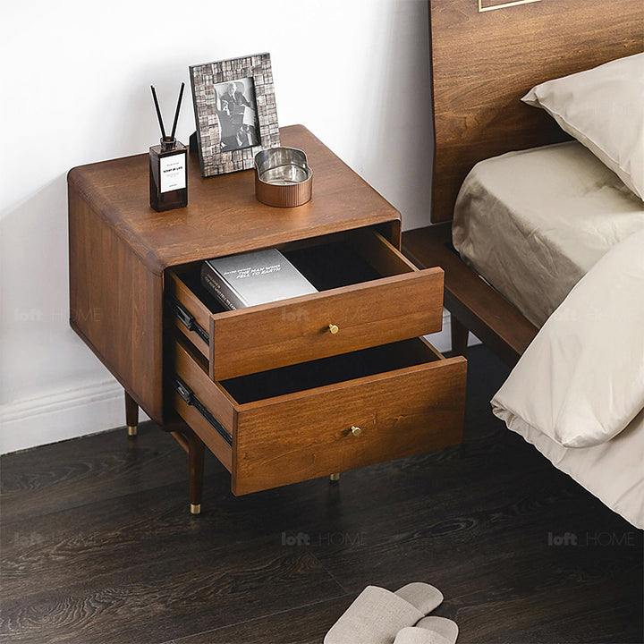 Vintage oak wood side table nova in real life style.
