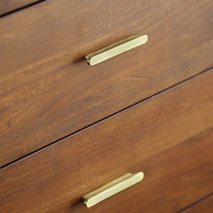 Vintage oak wood storage 5 drawer cabinet nova in close up details.