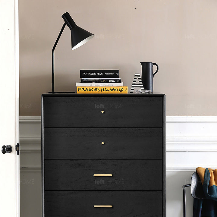 Vintage oak wood storage 5 drawer cabinet nova in still life.