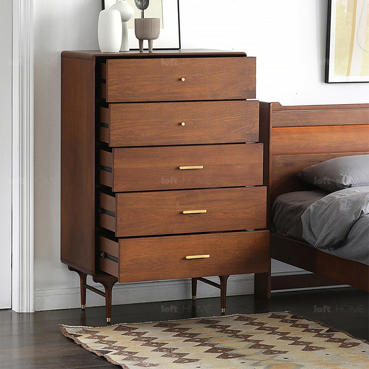 Vintage oak wood storage 5 drawer cabinet nova in real life style.