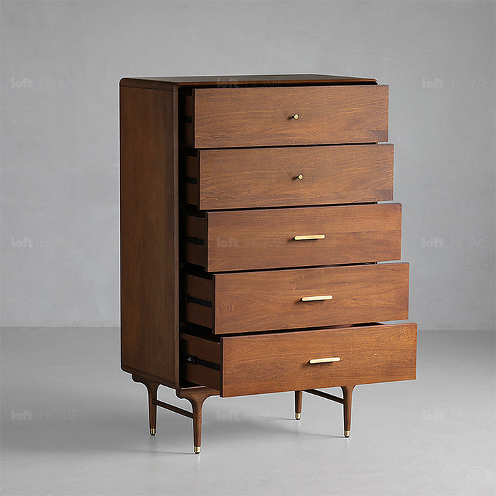 Vintage oak wood storage 5 drawer cabinet nova in details.