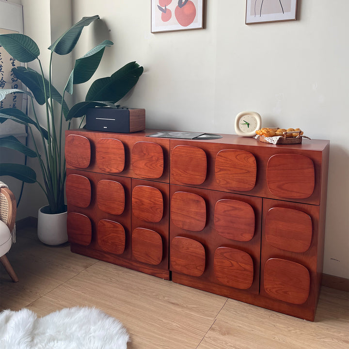 Vintage pine wood storage modular side drawer carmen in panoramic view.