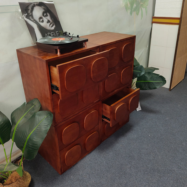 Vintage pine wood storage modular side drawer carmen in details.