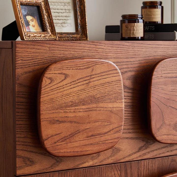 Vintage pine wood storage modular side drawer carmen in close up details.