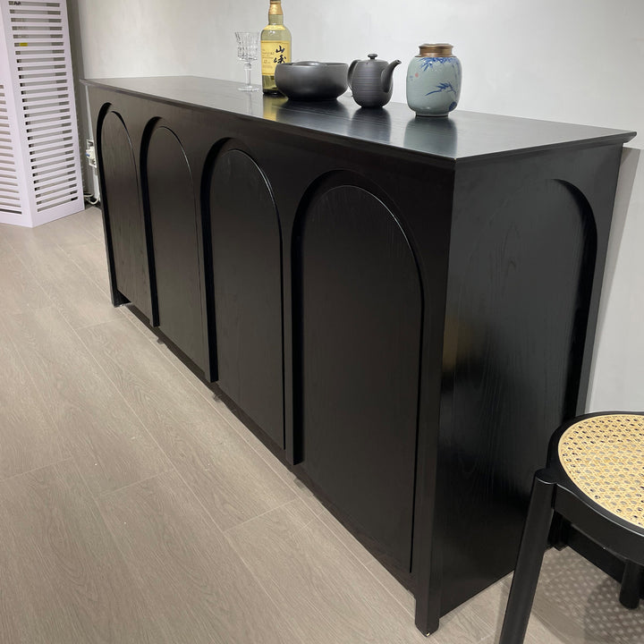 Vintage pine wood storage side cabinet carmen in panoramic view.