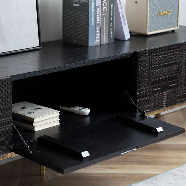 Vintage pine wood tv console toem in details.