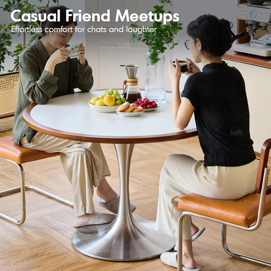 Vintage sintered stone stainless steel round dining table tulip detail 15.