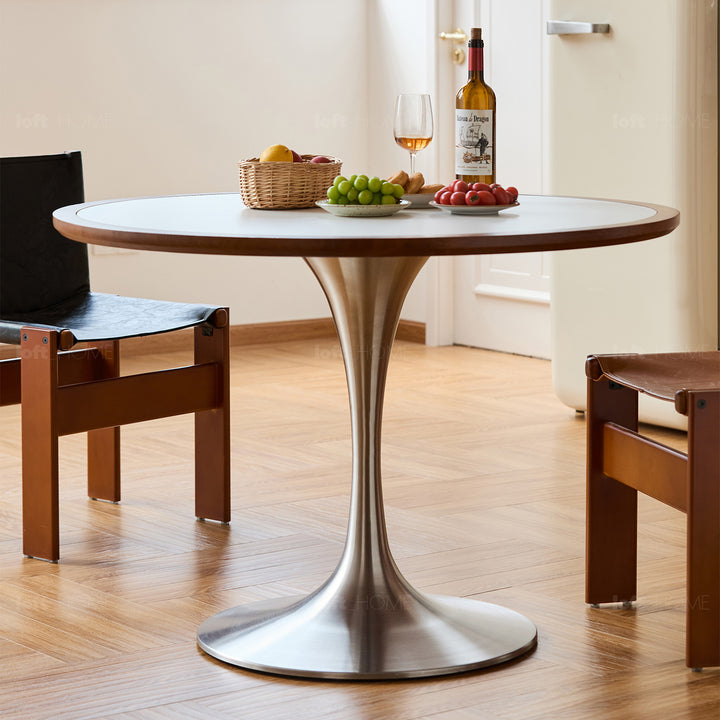 Vintage sintered stone stainless steel round dining table tulip detail 23.