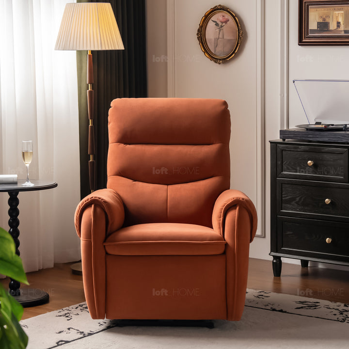 Vintage velvet fabric electric recliner 1 seater sofa ochre color swatches.