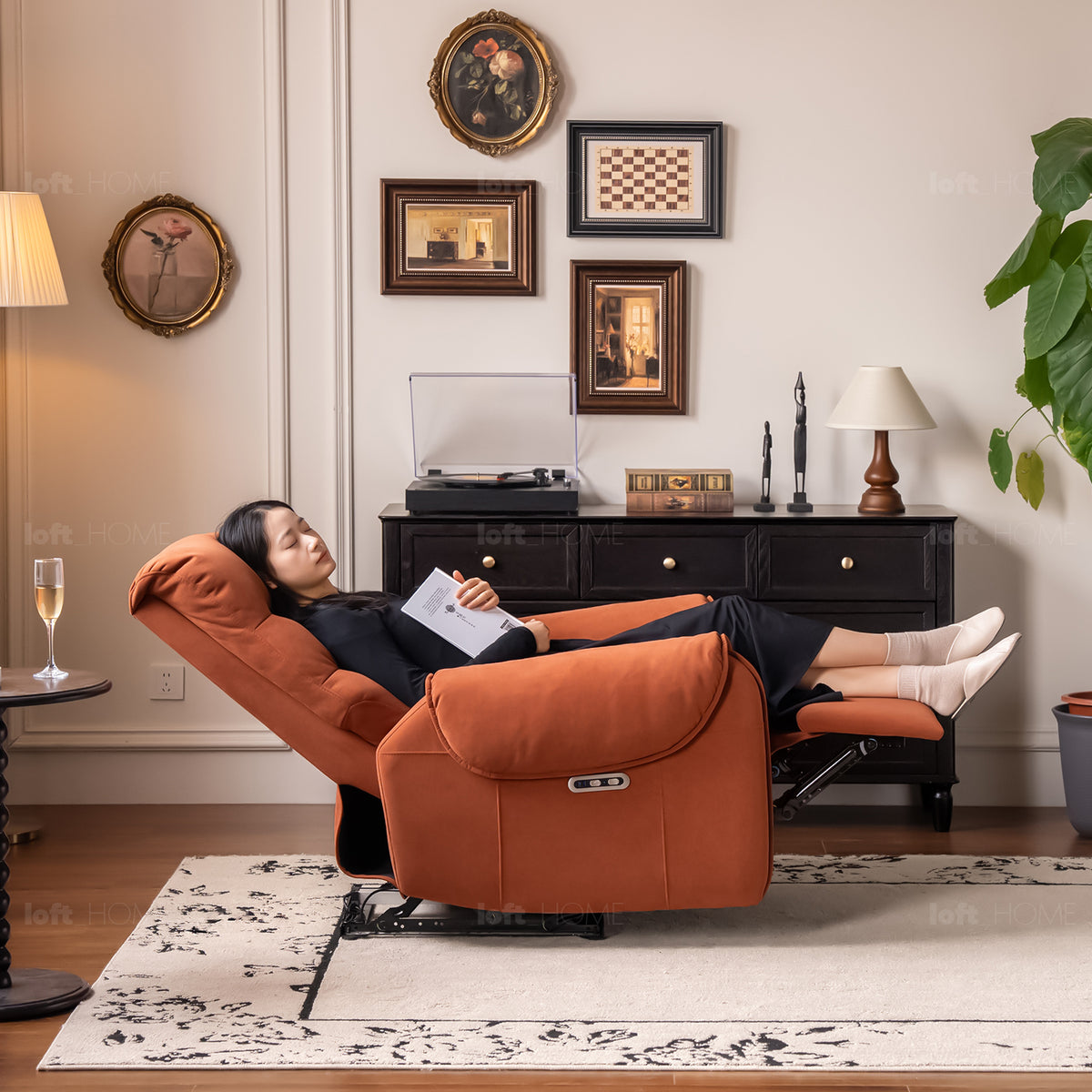 Vintage velvet fabric electric recliner 1 seater sofa ochre in panoramic view.