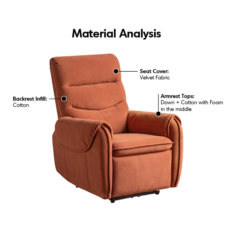 Vintage velvet fabric electric recliner 1 seater sofa ochre conceptual design.
