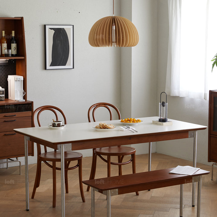 Vintage boxwood dining table season in panoramic view.
