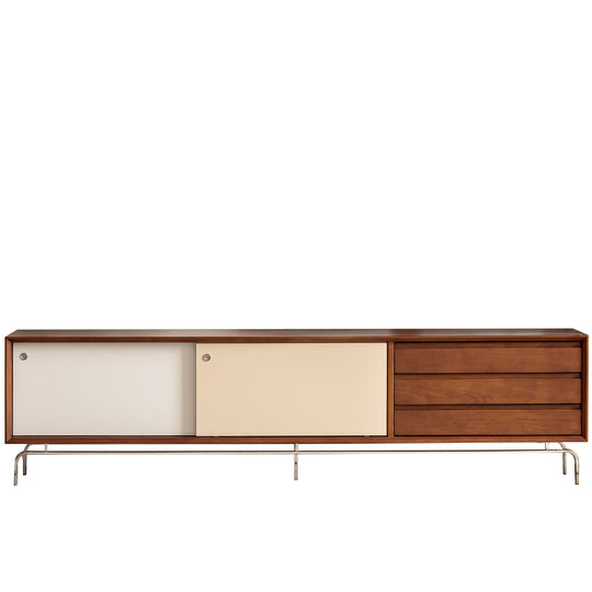 Vintage boxwood sliding door tv console moonrise in white background.