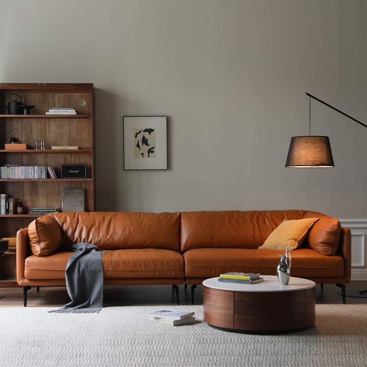 Vintage genuine leather sectional 4 seater sofa bravo in close up details.