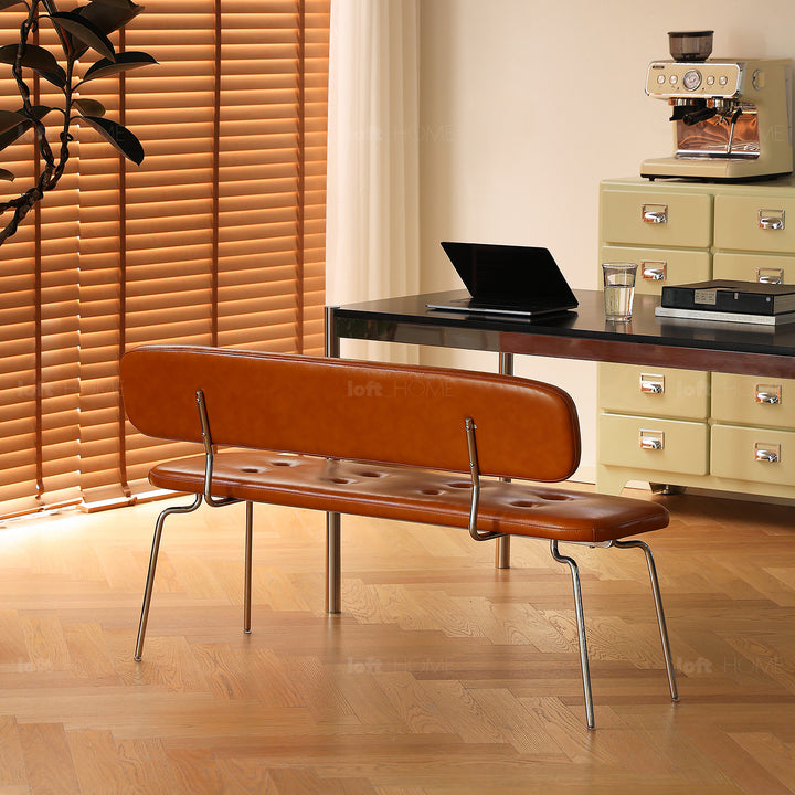Vintage pu leather dining bench with backrest hera in close up details.