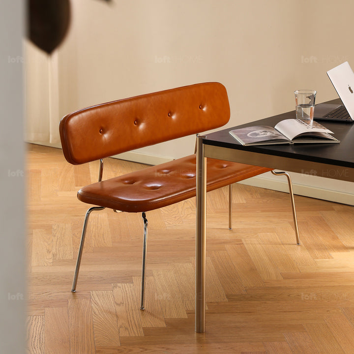 Vintage pu leather dining bench with backrest hera in panoramic view.