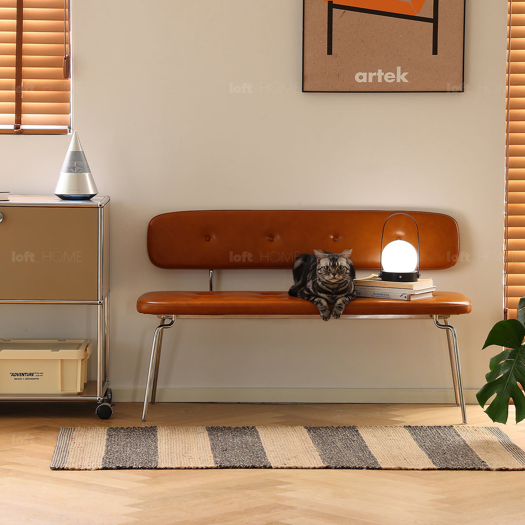 Vintage pu leather dining bench with backrest hera in real life style.