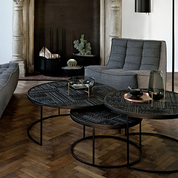 Vintage pine wood coffee table toem overlap in panoramic view.