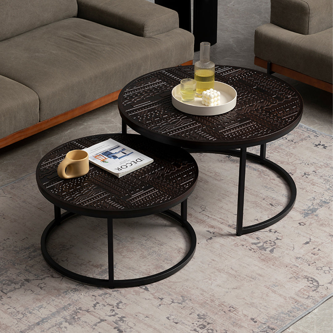 Vintage pine wood coffee table toem overlap in real life style.
