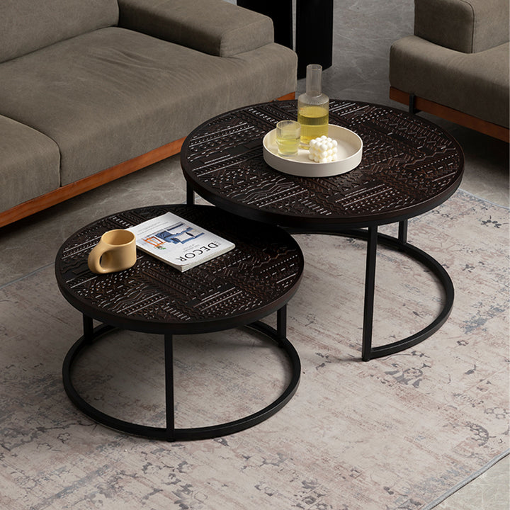 Vintage pine wood coffee table toem overlap in real life style.