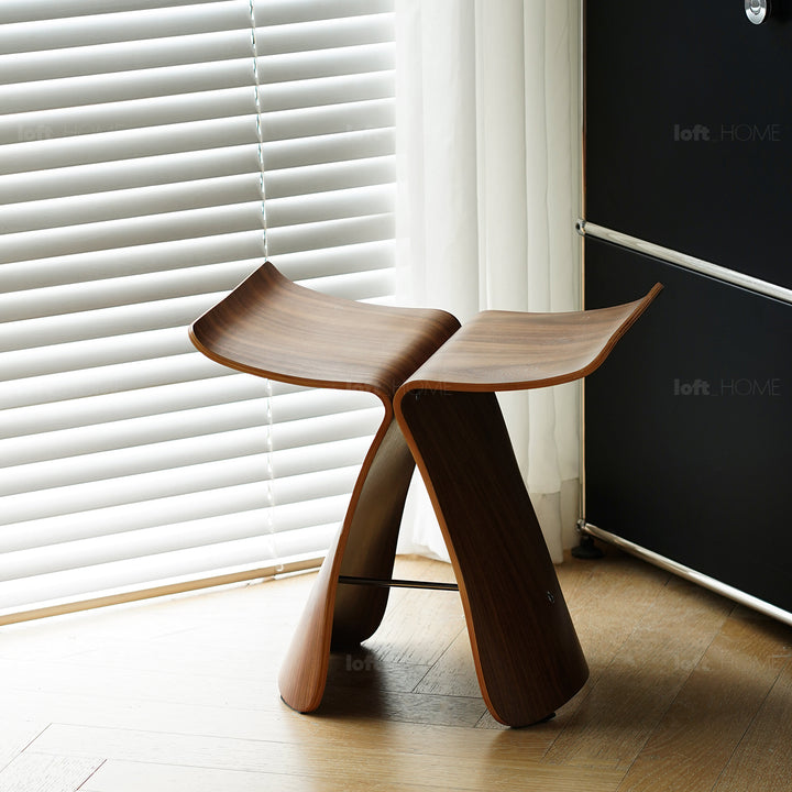 Vintage plywood stool flyer in panoramic view.