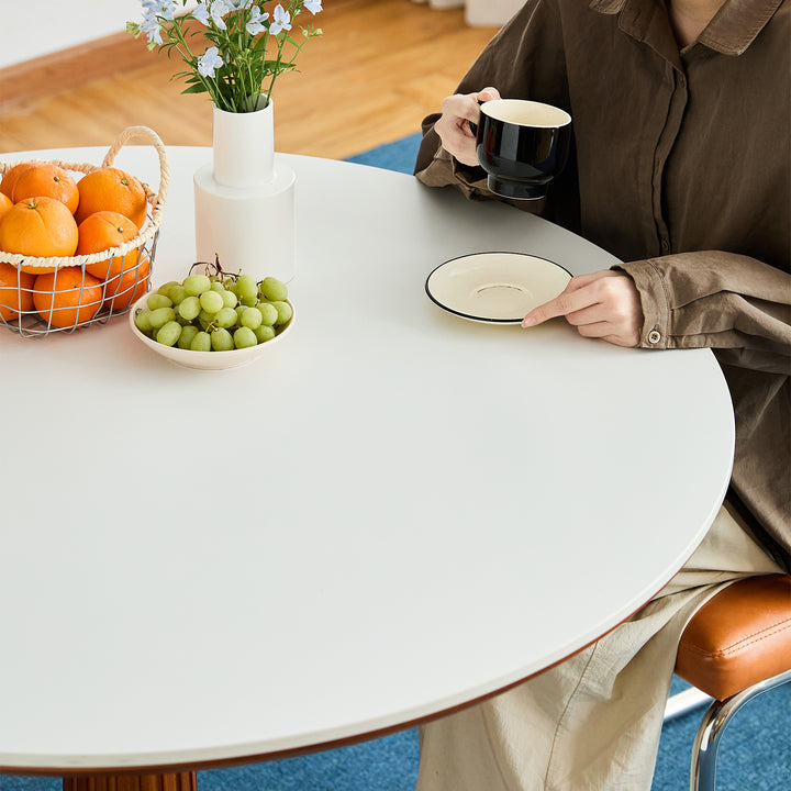 Vintage sintered stone round dining table grey layered structure.