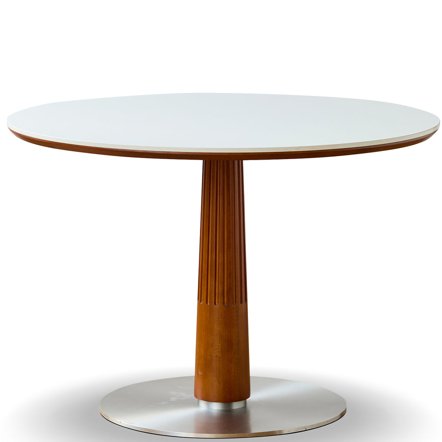 Round table with a wooden pedestal base on a white background