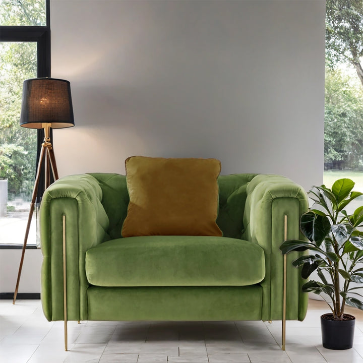 Vintage velvet fabric 1 seater sofa duzzle primary product view.