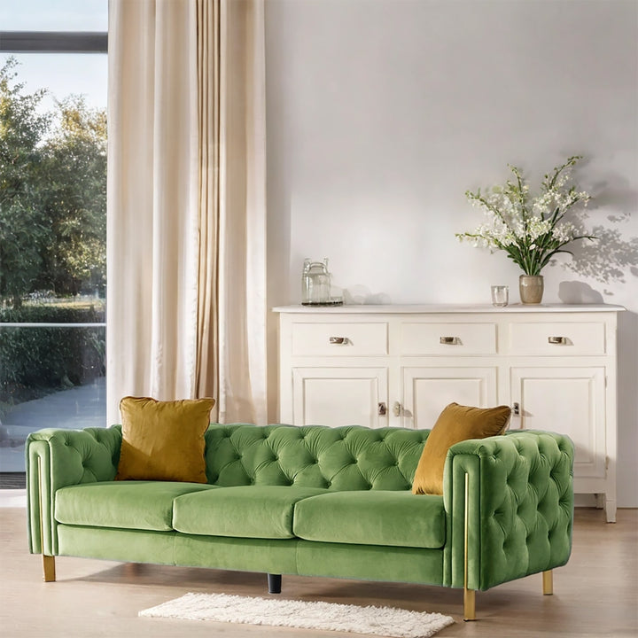 Vintage velvet fabric 3 seater sofa duzzle primary product view.
