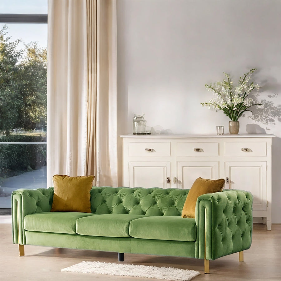 Vintage velvet fabric 3 seater sofa duzzle primary product view.