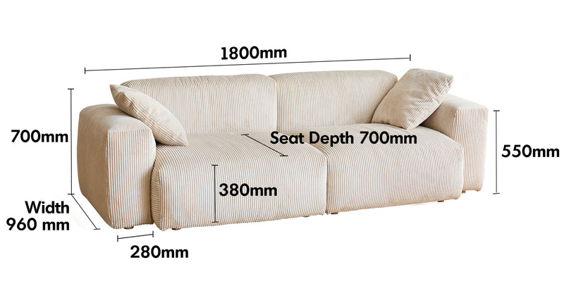 Cream Corduroy Velvet Fabric 2 Seater Sofa SQUARE Size Chart