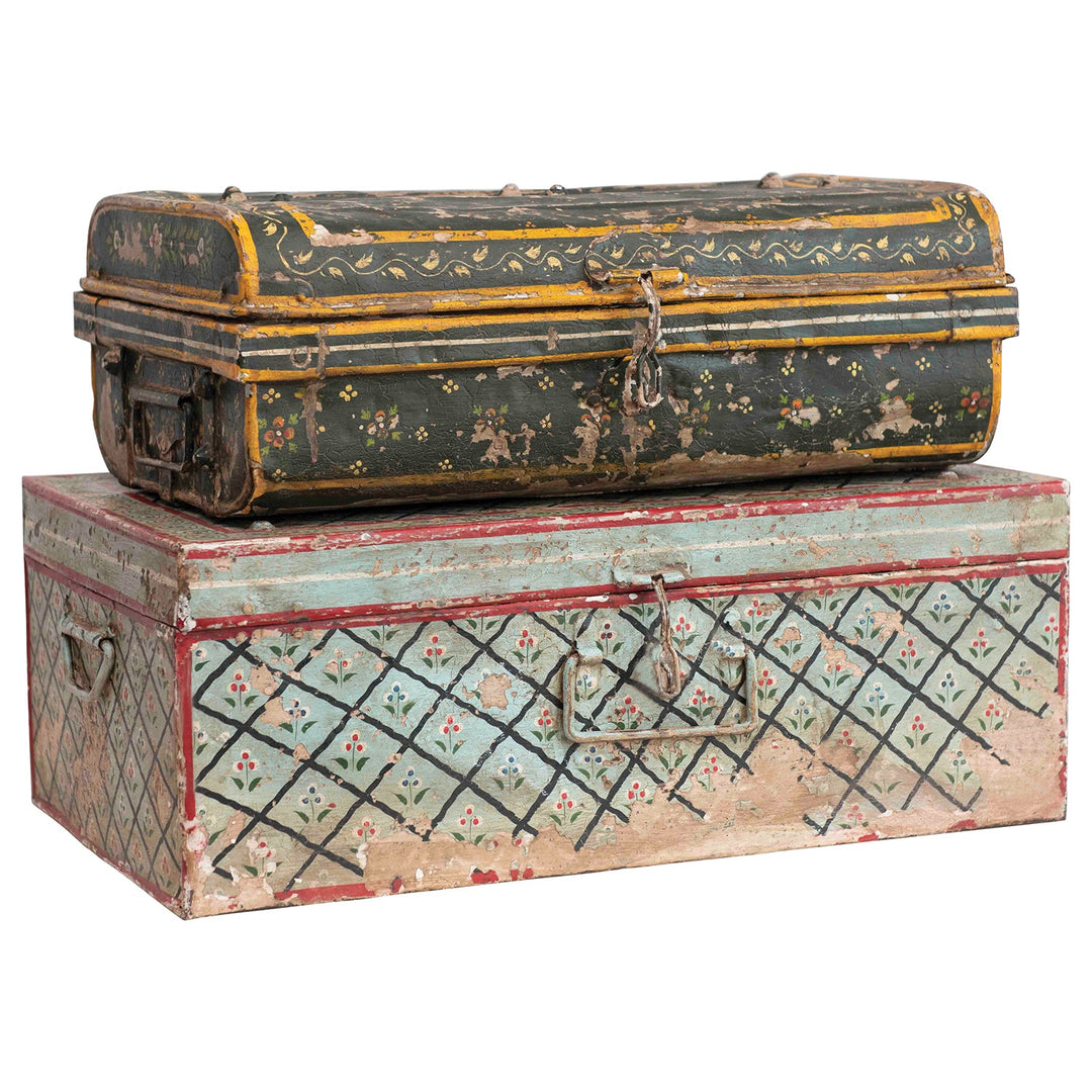 Approximately 20"l x 13"w x 8"h hand-painted metal storage box, heavily distress decor size charts.
