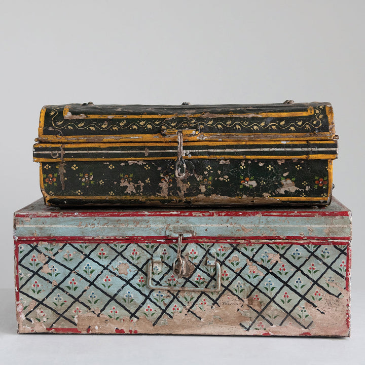 Approximately 20"l x 13"w x 8"h hand-painted metal storage box, heavily distress decor primary product view.