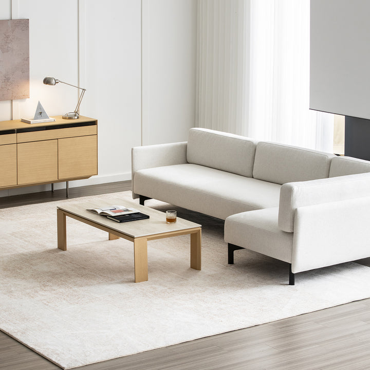 Minimalist ash wood veneer sintered stone coffee table string in still life.