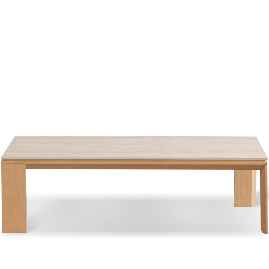 Minimalist ash wood veneer sintered stone coffee table string in white background.