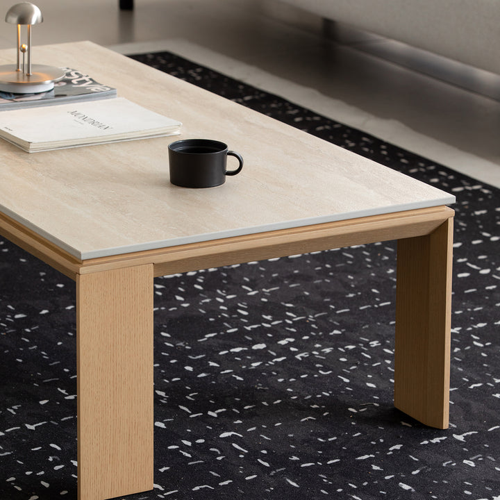 Minimalist ash wood veneer sintered stone coffee table string material variants.