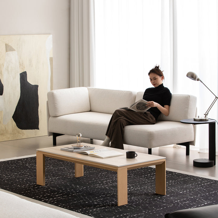 Minimalist ash wood veneer sintered stone coffee table string in details.