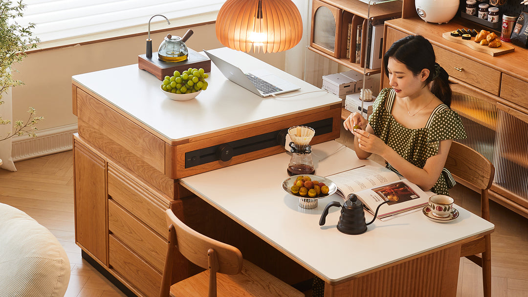 Woman enjoying coffee at a stylish multifunctional wooden table with a cozy Black Friday sale atmosphere, highlighting LoftHome's exclusive furniture deals.